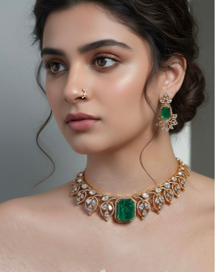 Gold Plated Leaf Emerald Choker Set