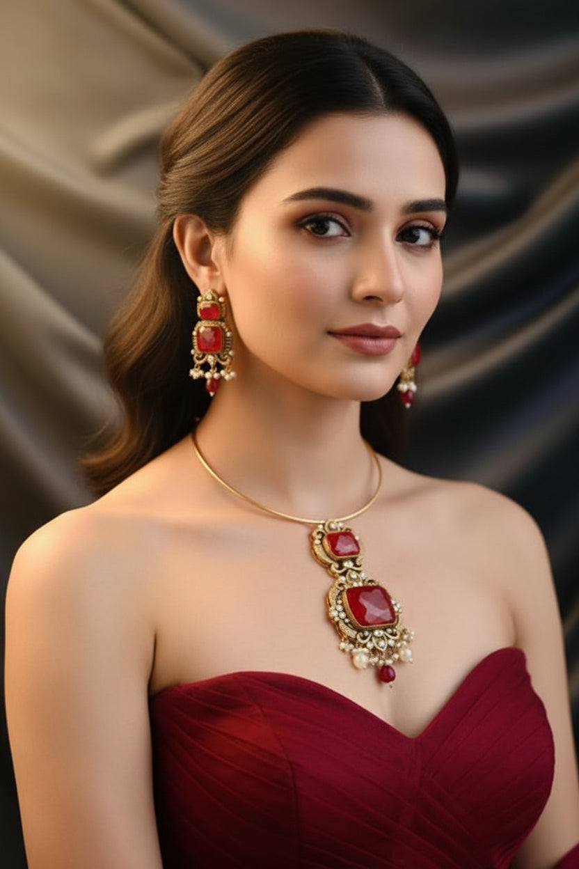 Red Ruby Polki Hasli Necklace Set