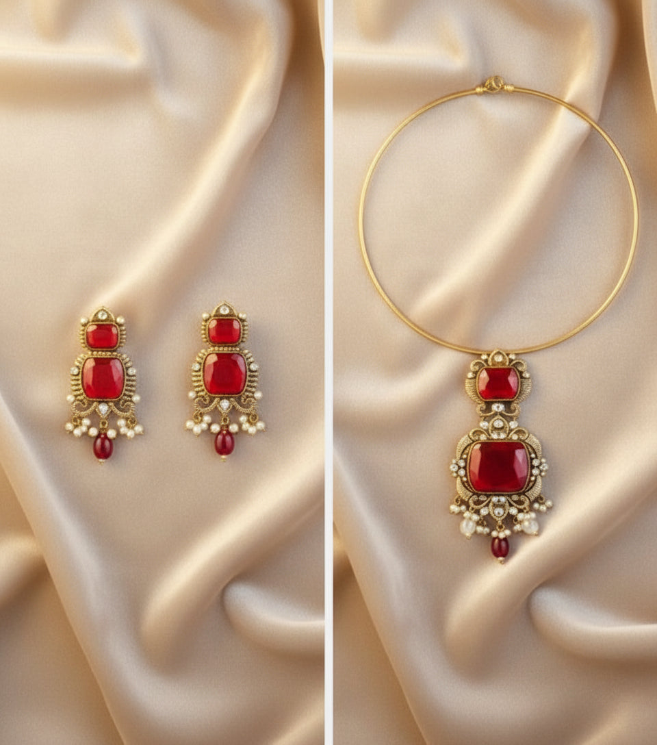 Red Ruby Polki Hasli Necklace Set