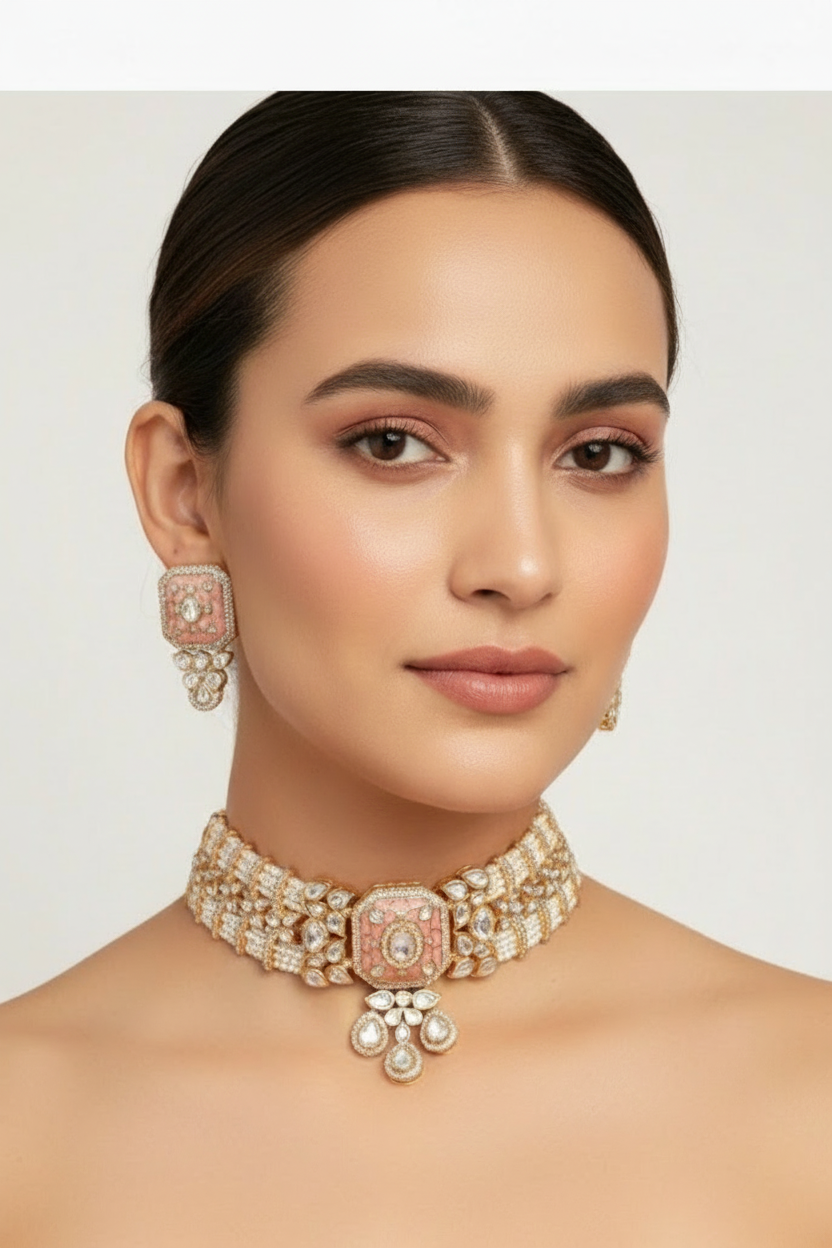 Peach Kundan Polki Necklace & Earrings set
