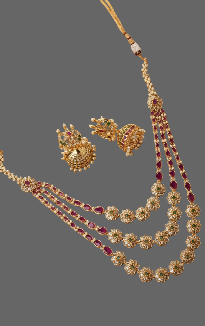 Exquisite Jadau Kundan Layered Necklace Set with Ruby and Jhumkas